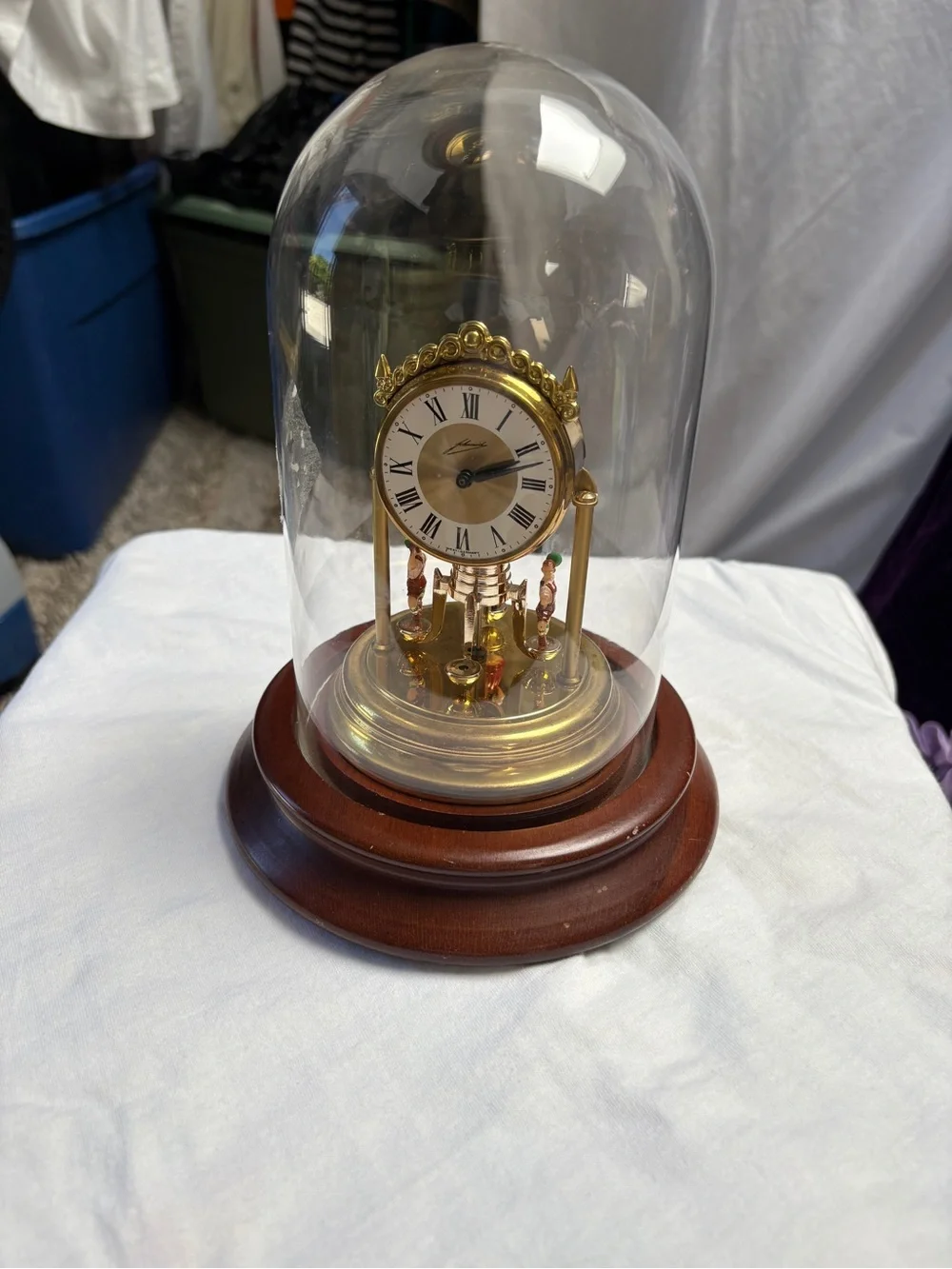 Glass Dome Mantel Clock with Gold Accents and Wood Base